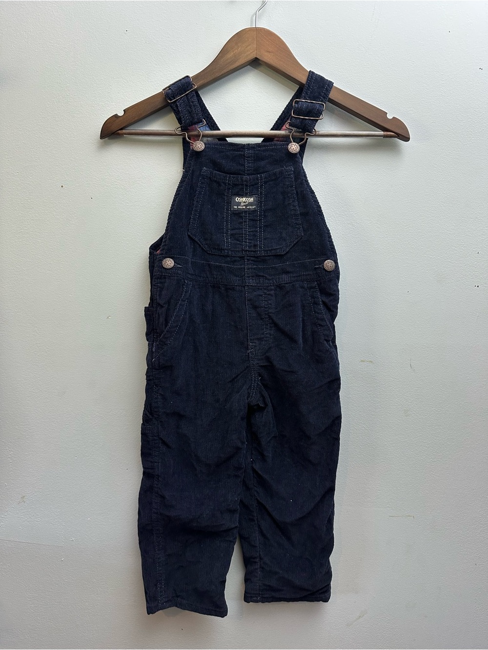 OshKosh B'gosh Toddler 3T Navy Blue Corduroy Overalls Plaid Lined Bibs